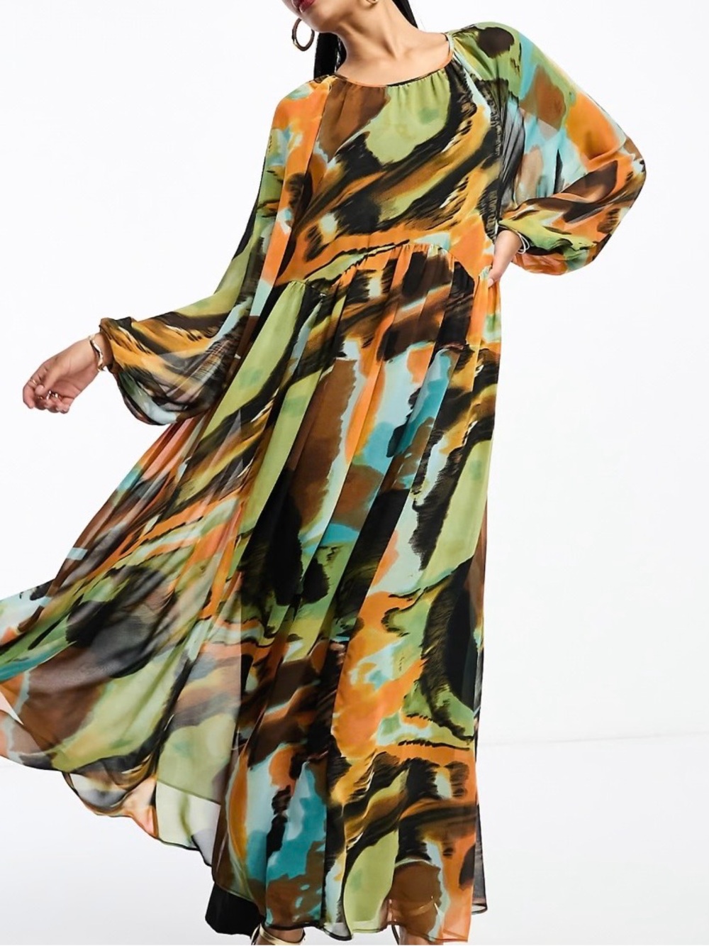 ASOS Multicolor Abstract Maxi Dress in Green, Orange & Blue